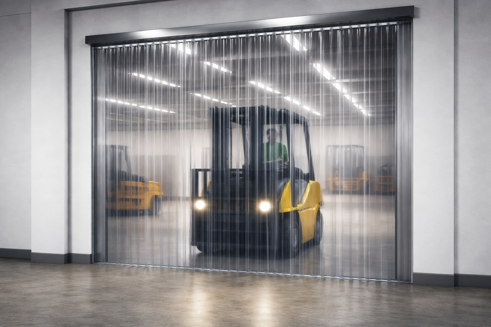 Forklift passing through strip curtain