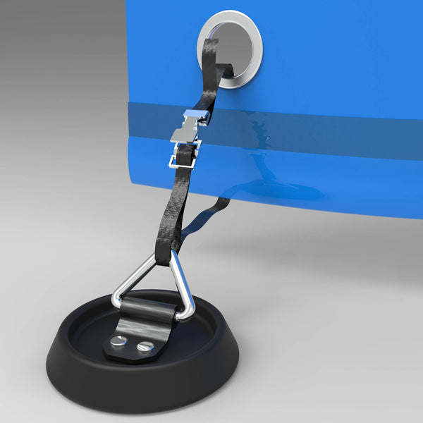 Floor mounted curtain fastener with webbing strap and D-ring
