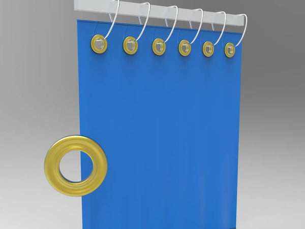 Grommets set along a curtain hem