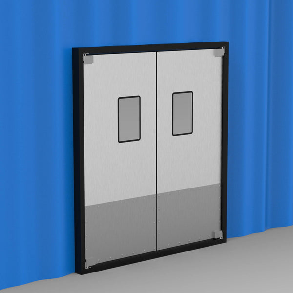 Swinging impact doors set into a curtain wall