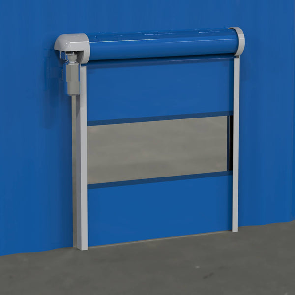 Roll-up door set into a curtain wall
