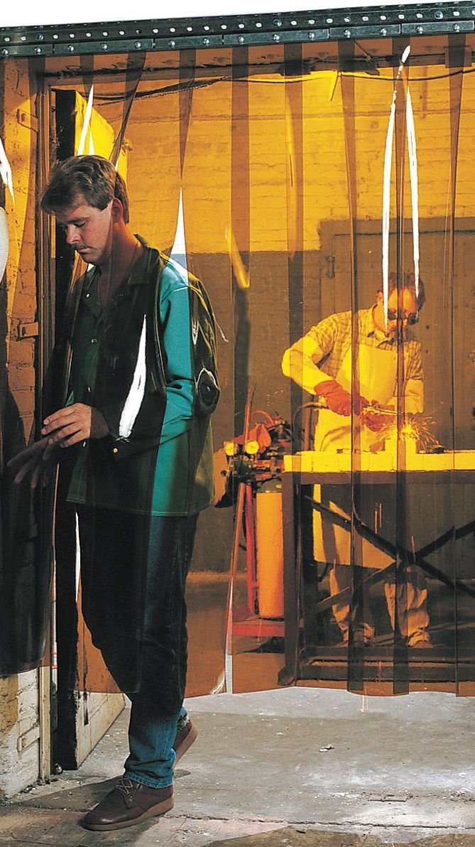 Vinyl / PVC Strip Door Curtain Amber Welding 120 in. Door Width x 116 in. Door Height - 8 in. Strip Width - 100% Overlap Universal Header or Wall Mount Hanger Complete Plastic Strip Door Install Kit